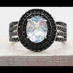 Natural Aquamarine & Black Halo Ring
